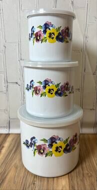 GMI Pansy Floral Enamelware Kitchen Canisters Set of 3 with Lids Cottagecore